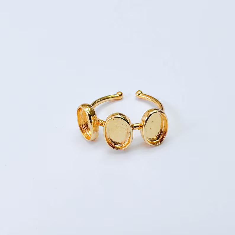 Triple Oval Bezel Ring, 8x6mm Settings, Adjustable 24K Shiny Gold Ring, G38057
