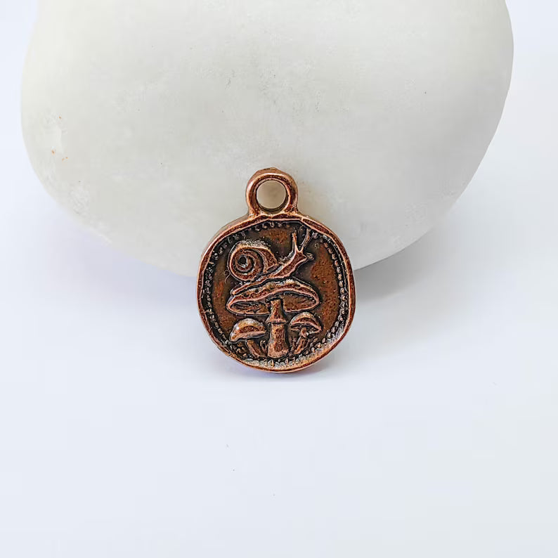 Mushroom and Snail Round Charm Pendant, Double Sided Nature, Antique Copper Plated, 16x13mm, G38058