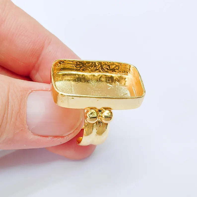 Rectangle Bezel Ring, Adjustable 24K Shiny Gold Ring Setting 25x15mm, G38059