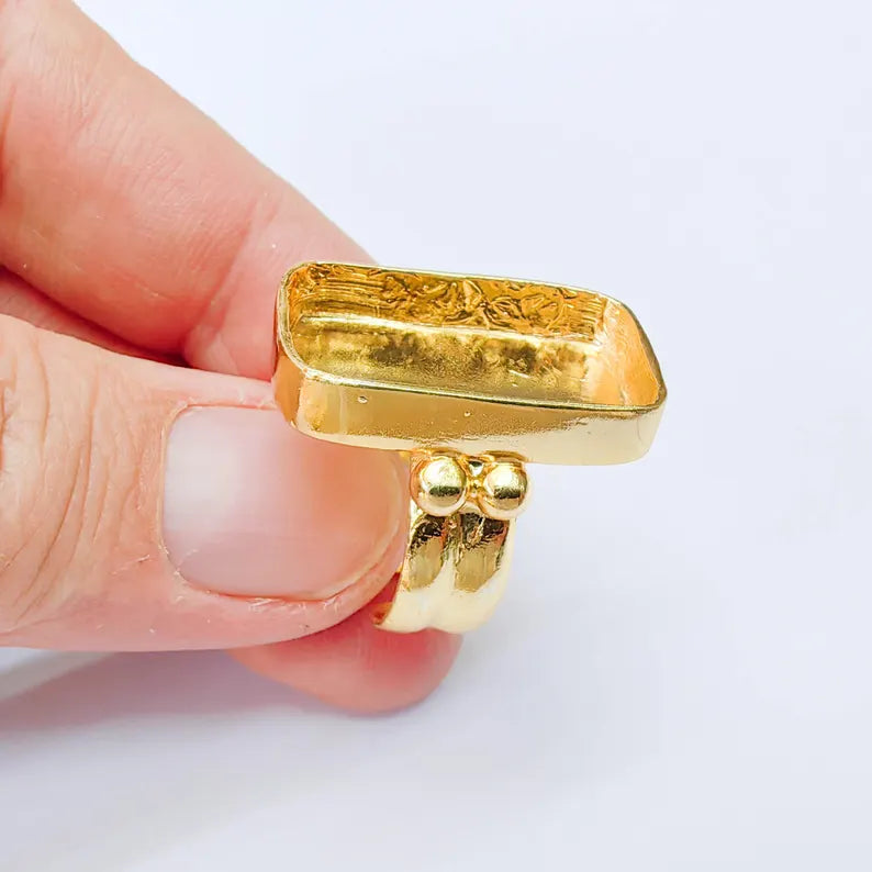 Rectangle Bezel Ring, Adjustable 24K Shiny Gold Ring Setting 25x15mm, G38059