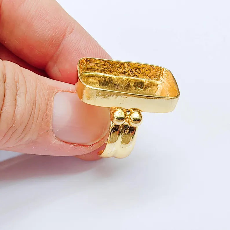 Rectangle Bezel Ring, Adjustable 24K Shiny Gold Ring Setting 25x15mm, G38059