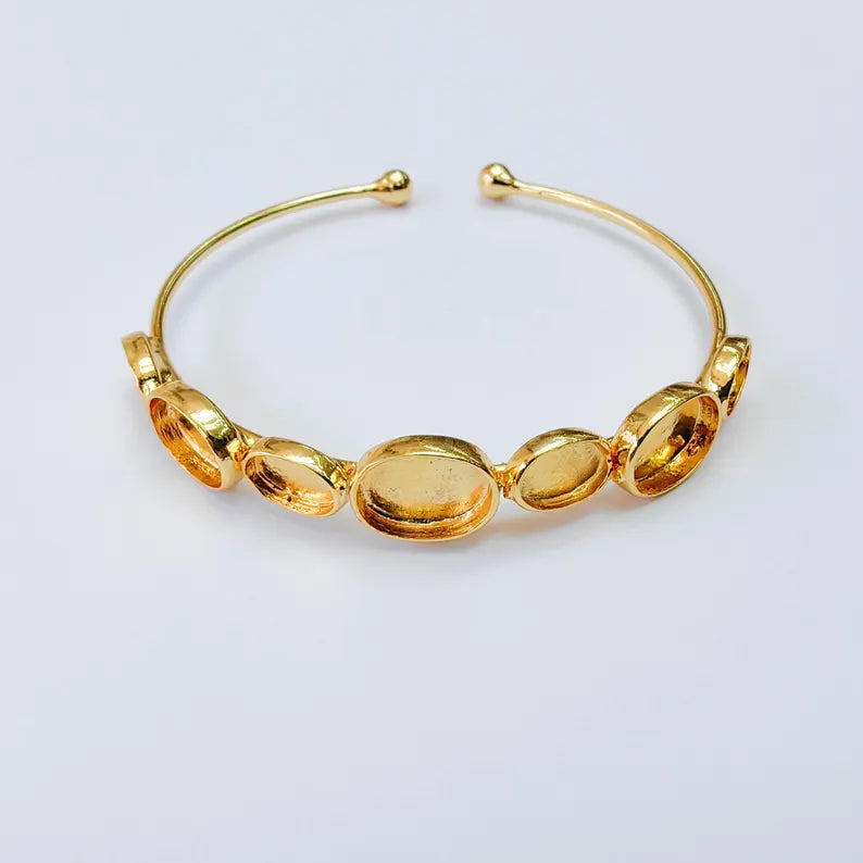 Multi Bezel Cuff Bracelet Base, Adjustable Oval Blank, 11x8mm, 8x6mm Settings, 24K Gold , G38060