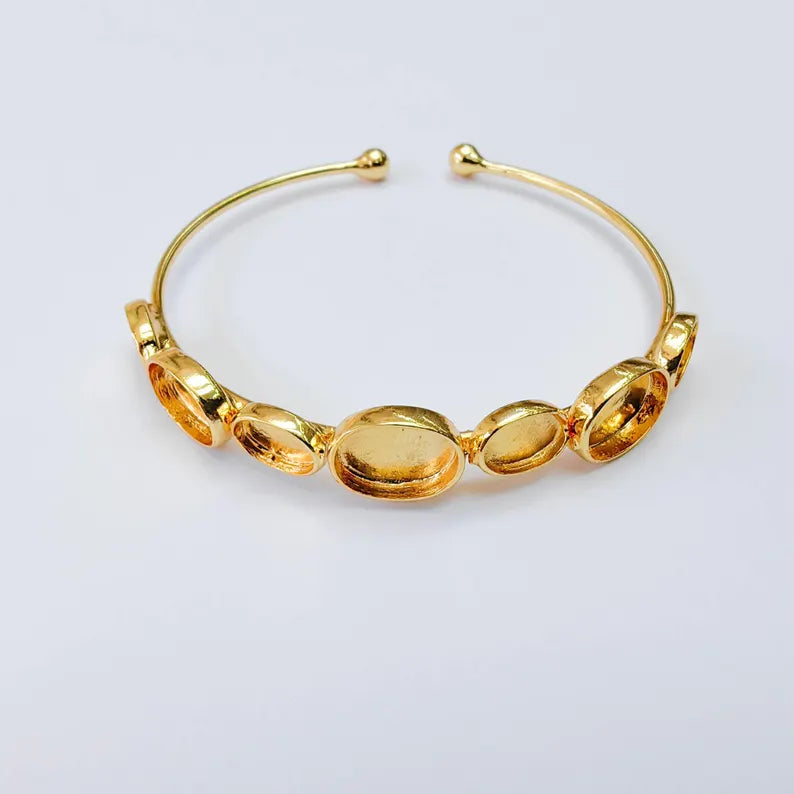 Multi Bezel Cuff Bracelet Base, Adjustable Oval Blank, 11x8mm, 8x6mm Settings, 24K Gold , G38060