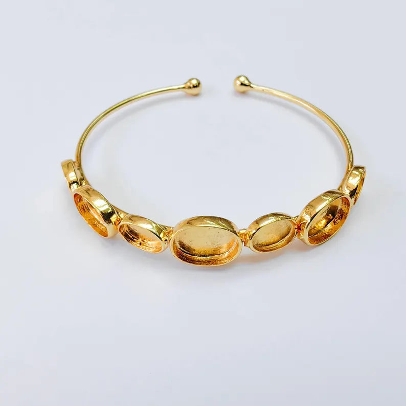 Multi Bezel Cuff Bracelet Base, Adjustable Oval Blank, 11x8mm, 8x6mm Settings, 24K Gold , G38060