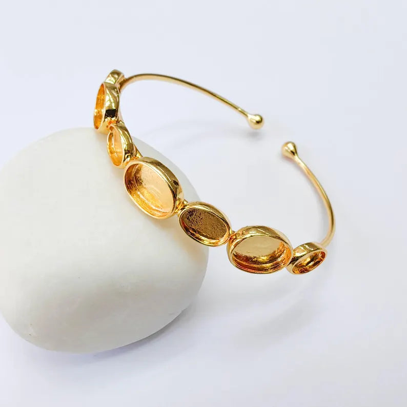 Multi Bezel Cuff Bracelet Base, Adjustable Oval Blank, 11x8mm, 8x6mm Settings, 24K Gold , G38060