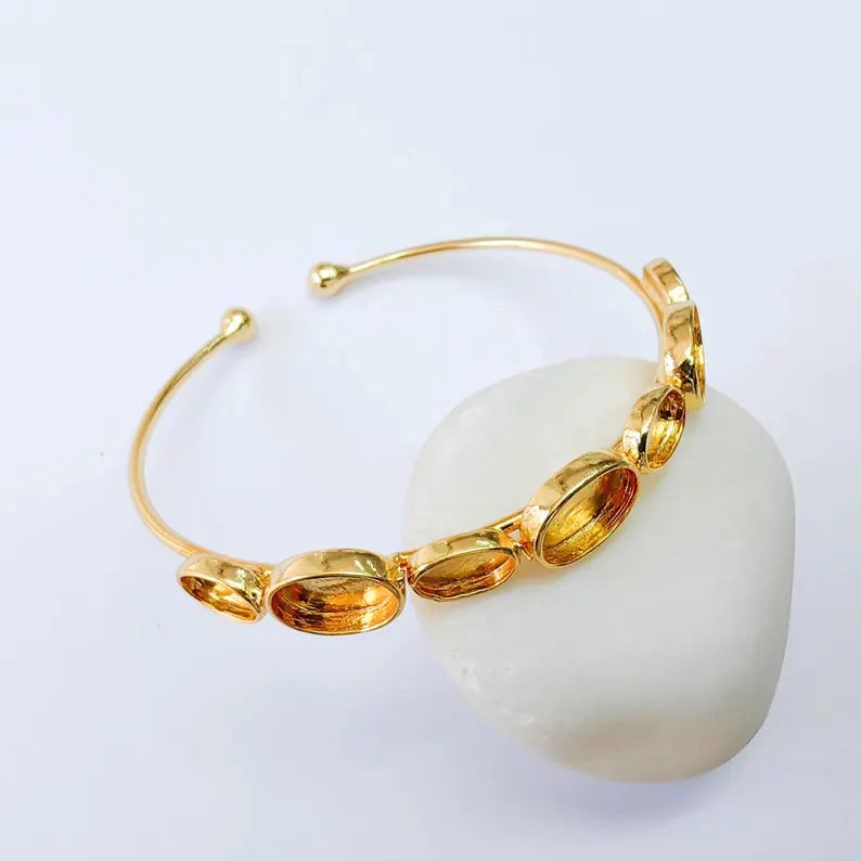 Multi Bezel Cuff Bracelet Base, Adjustable Oval Blank, 11x8mm, 8x6mm Settings, 24K Gold , G38060