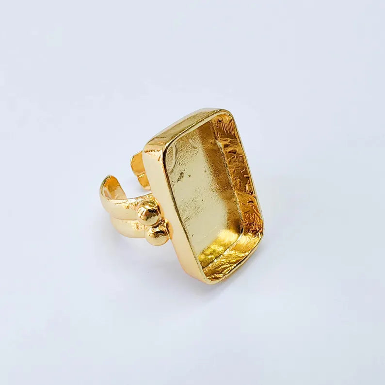 Rectangle Bezel Ring, Adjustable 24K Shiny Gold Ring Setting 25x15mm, G38059