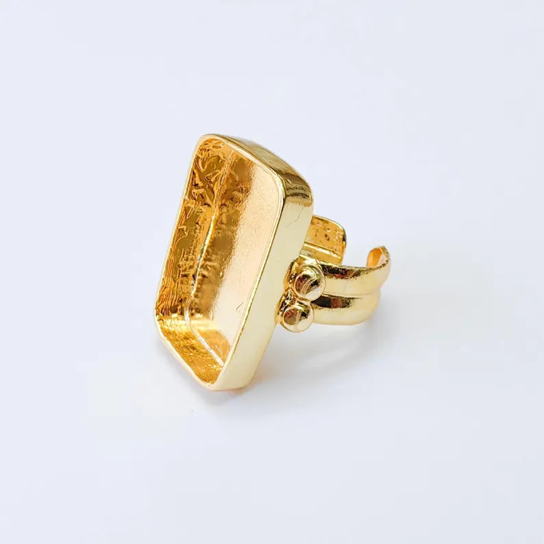 Rectangle Bezel Ring, Adjustable 24K Shiny Gold Ring Setting 25x15mm, G38059