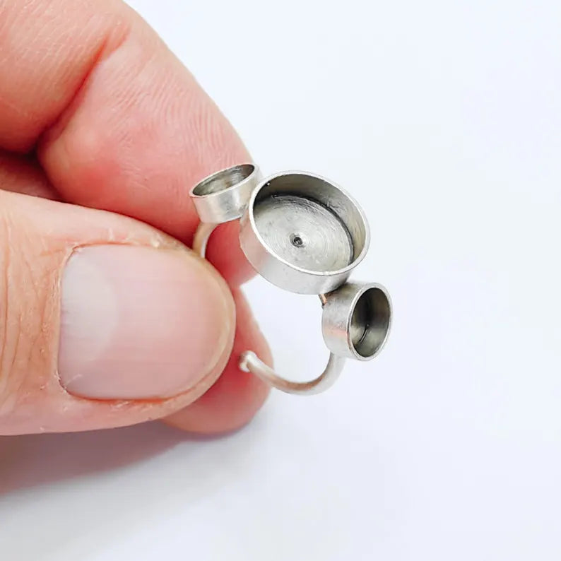 Multi Bezel Adjustable Ring Blank 10mm 6mm Cabochon Setting, Antique Silver Plated Brass Ring Base, G38064