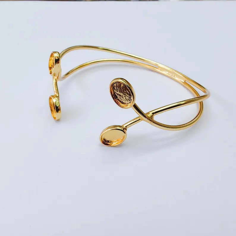 Adjustable Bracelet Bezel Base, 8x6mm Oval Setting, Double Cuff Bracelet, 24K Gold Brass, G38066