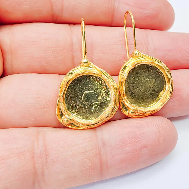 Organic Earring Blanks, Round Bezel Earrings, 15mm Setting, 37x20mm, 24K Gold Color, G38067