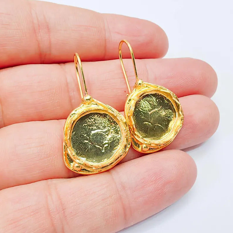 Organic Earring Blanks, Round Bezel Earrings, 15mm Setting, 37x20mm, 24K Gold Color, G38067