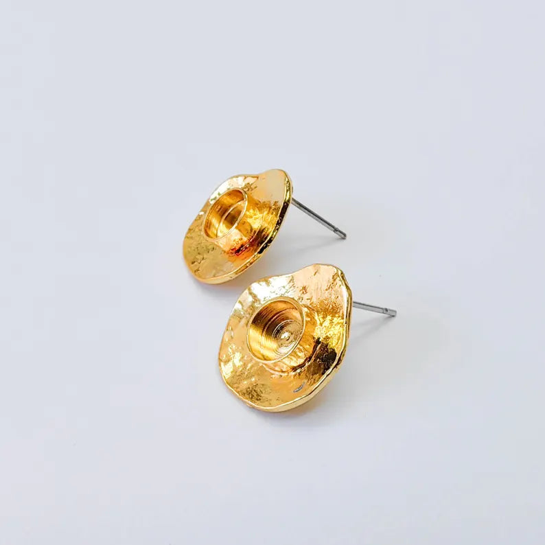 Organic Stud Earring Blanks, Round Bezel Earrings, 6mm Setting, 16x15mm, 24K Gold Color, G38068