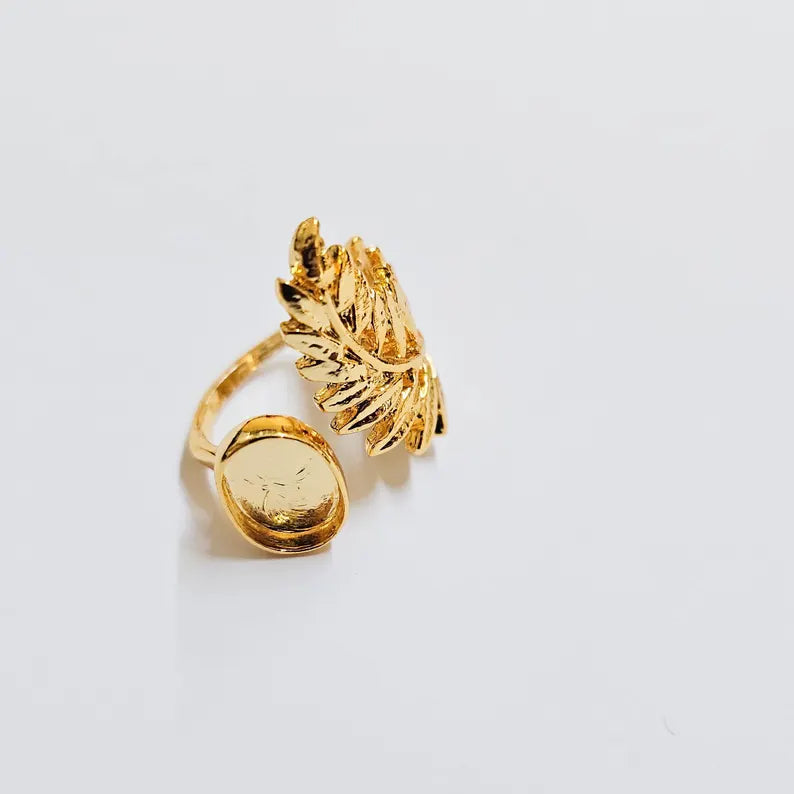 Fern Leaf Ring, Oval Bezel 11x9mm, Adjustable 24K Gold Color Ring Setting, G37985