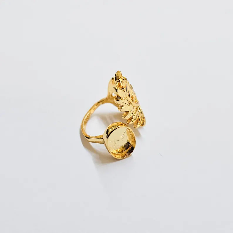 Fern Leaf Ring, Oval Bezel 11x9mm, Adjustable 24K Gold Color Ring Setting, G37985