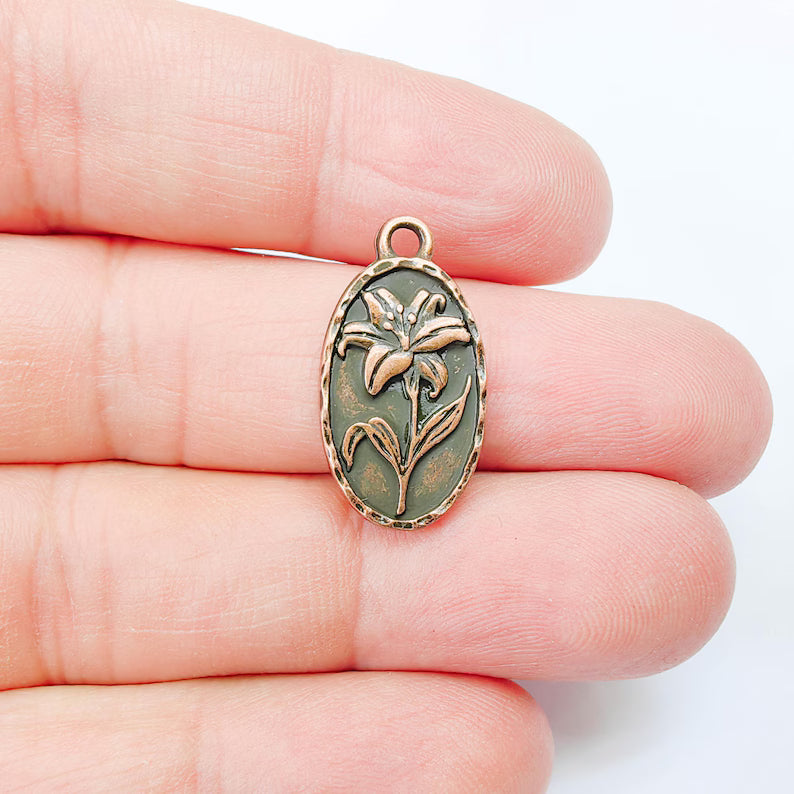 Lily Flower Oval Charm Pendant, Double Sided Botanical Design, Antique Copper Plated, 25x13mm, G37989