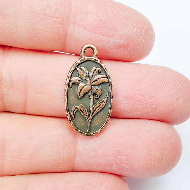 Lily Flower Oval Charm Pendant, Double Sided Botanical Design, Antique Copper Plated, 25x13mm, G37989