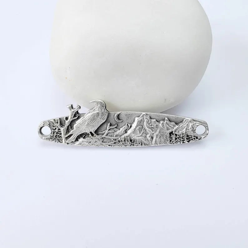 Raven Mountain Connector Charm, Forest Landscape Design, Antique Silver Plated, Bar Shape, 43x11mm, G37990