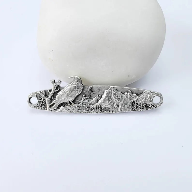 Raven Mountain Connector Charm, Forest Landscape Design, Antique Silver Plated, Bar Shape, 43x11mm, G37990