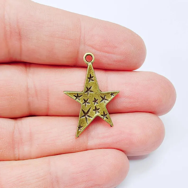 2 Star Charm Pendant, Double Sided Celestial Design, Antique Bronze Star Pendant, 29x19mm, G37994