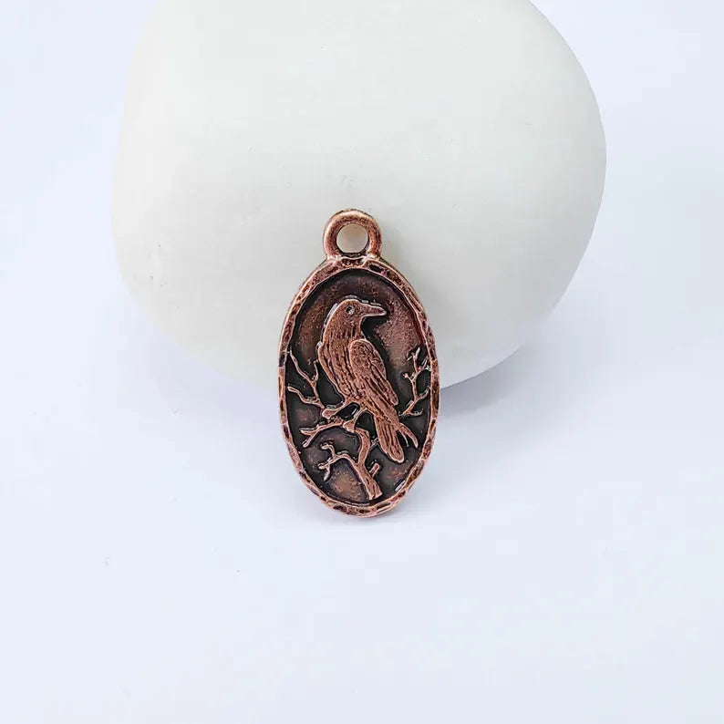 Raven Oval Charm Pendant, Double Sided Bird Design, Antique Copper Plated, 25x13mm, G37995