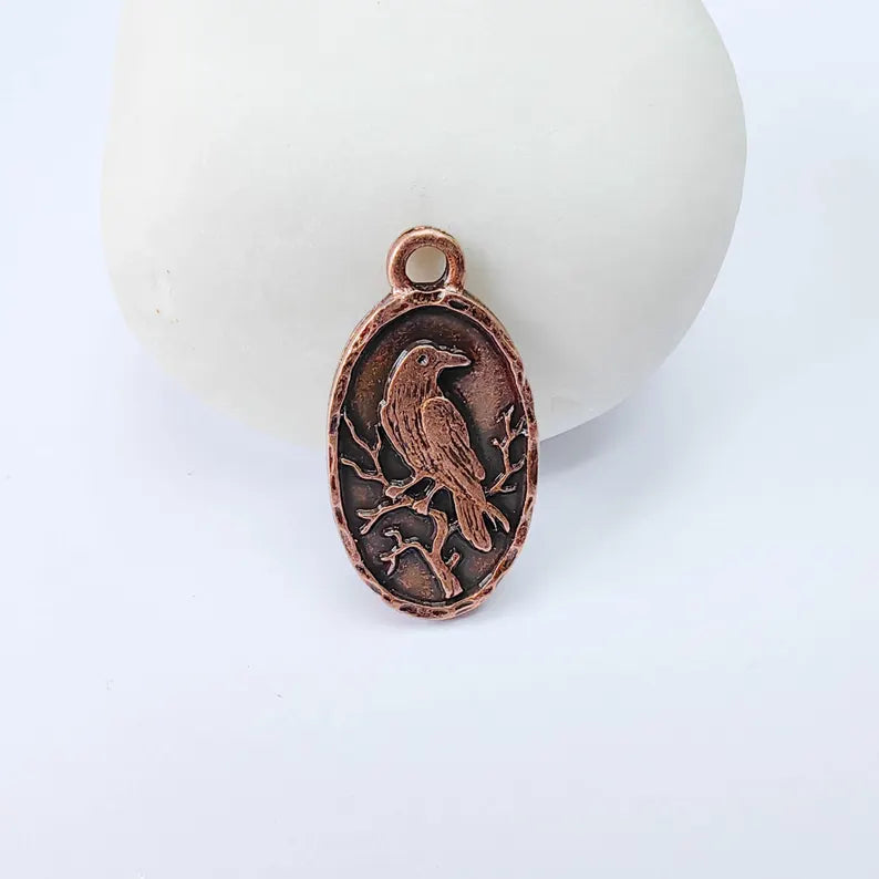 Raven Oval Charm Pendant, Double Sided Bird Design, Antique Copper Plated, 25x13mm, G37995
