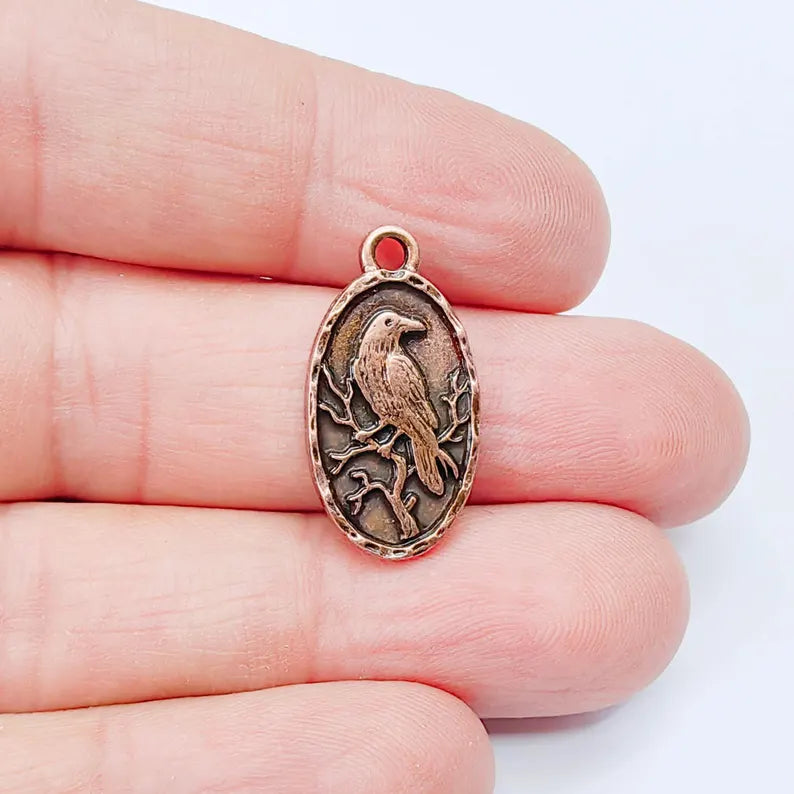 Raven Oval Charm Pendant, Double Sided Bird Design, Antique Copper Plated, 25x13mm, G37995
