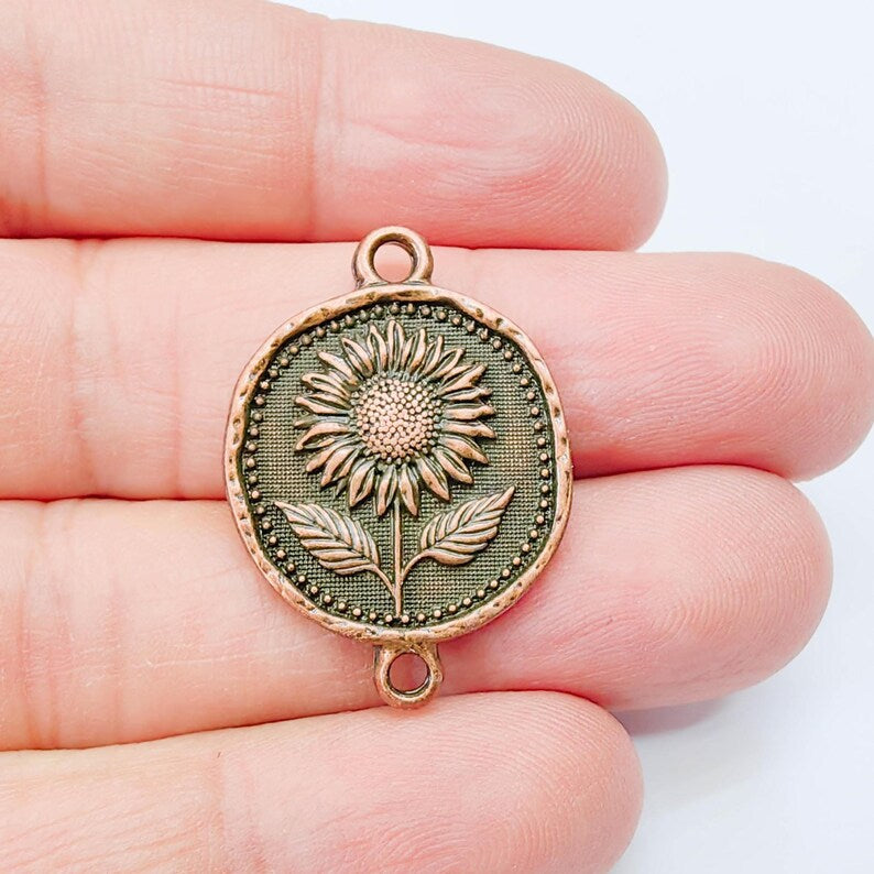 Sunflower Connector Charm, Floral Pendant, Boho Jewelry Making Supplies, Antique Copper Plated, 31x22mm G38000