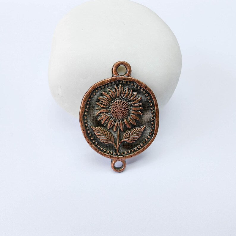 Sunflower Connector Charm, Floral Pendant, Boho Jewelry Making Supplies, Antique Copper Plated, 31x22mm G38000
