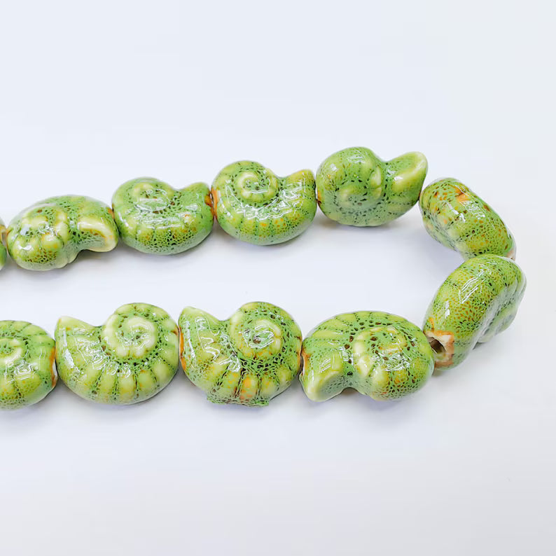 Green Porcelain Nautilus Beads, Ceramic Shell Bead, Summer Sea Bead, Ocean Jewelry Supply, Beach Theme Beads, Ammonite Beads 20x16mm G38001
