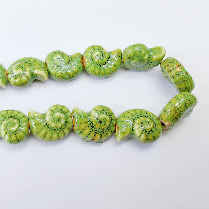 Green Porcelain Nautilus Beads, Ceramic Shell Bead, Summer Sea Bead, Ocean Jewelry Supply, Beach Theme Beads, Ammonite Beads 20x16mm G38001