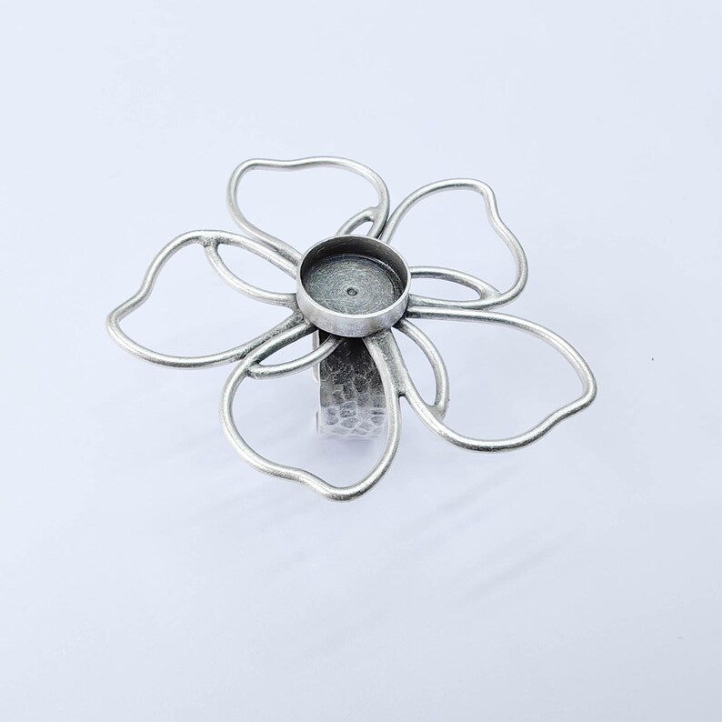 Antique Silver Adjustable Large Flower Ring Base, 12mm Round Bezel, Statement Floral Setting, G38004