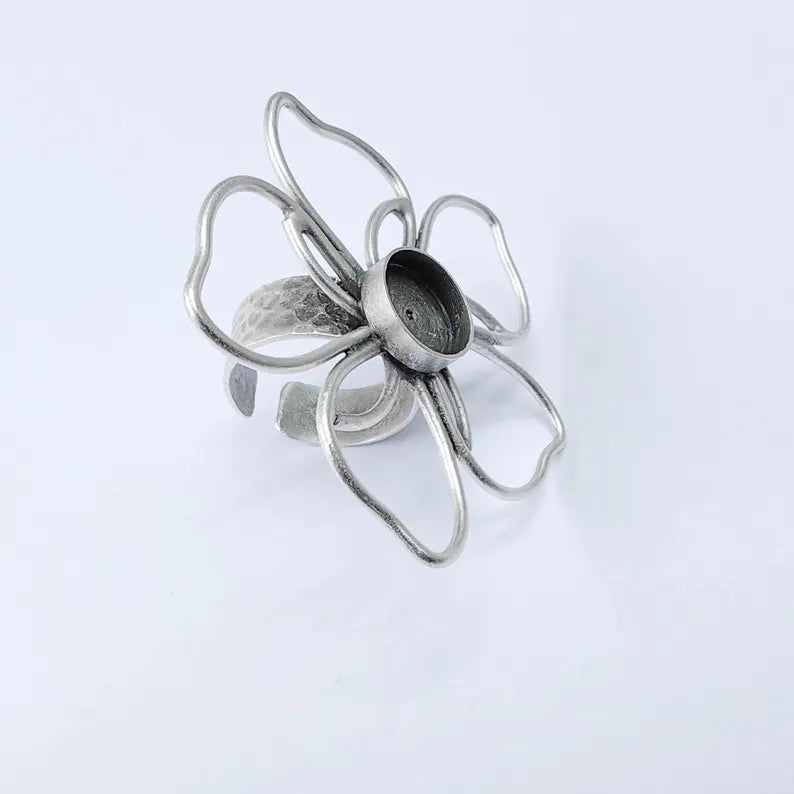 Antique Silver Adjustable Large Flower Ring Base, 12mm Round Bezel, Statement Floral Setting, G38004