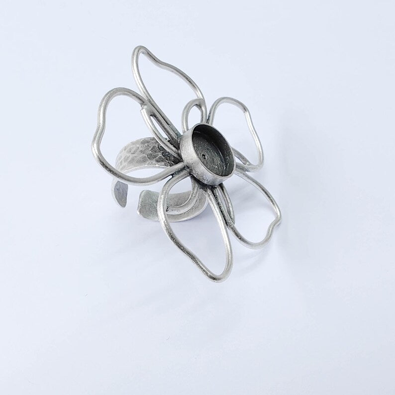 Antique Silver Adjustable Large Flower Ring Base, 12mm Round Bezel, Statement Floral Setting, G38004