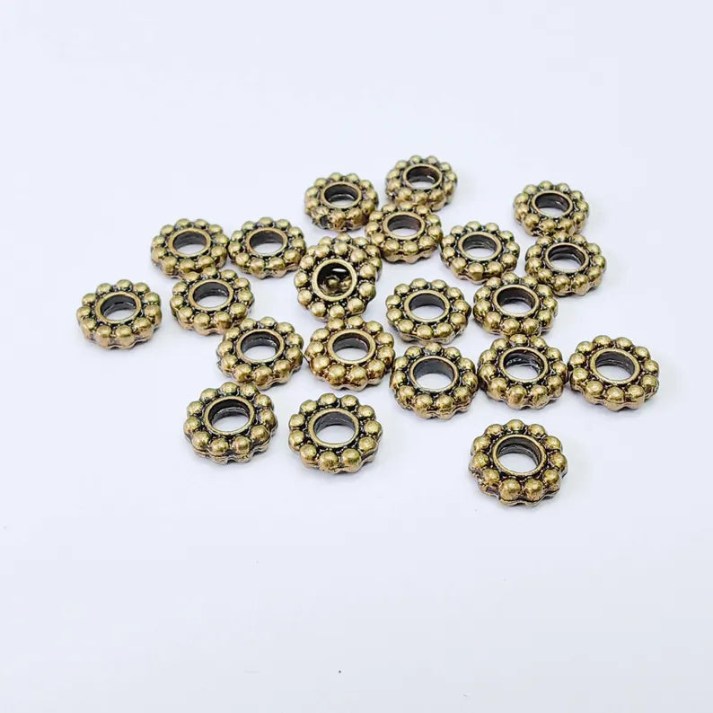 10 Rondelle Spacer Beads, Textured Daisy Wheel Design, 7mm, Antique Bronze Plated, G38005