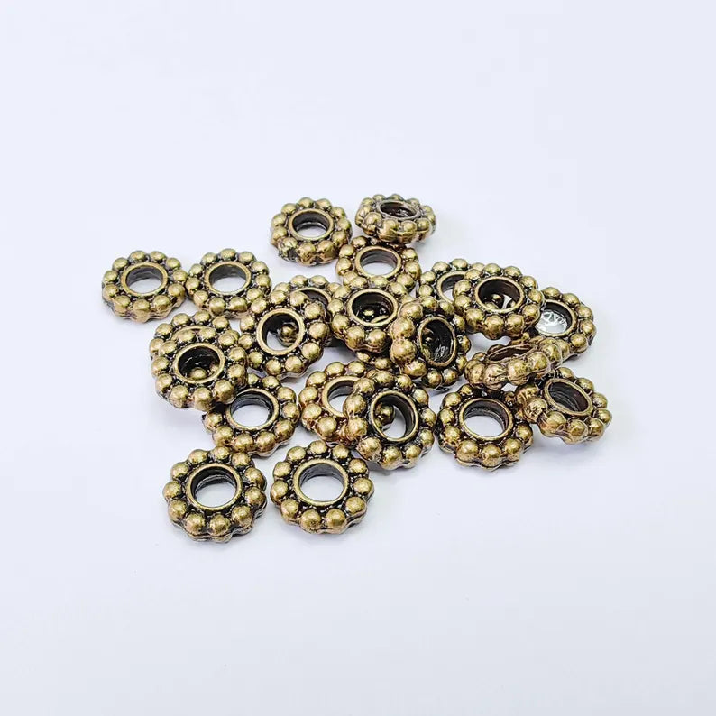 10 Rondelle Spacer Beads, Textured Daisy Wheel Design, 7mm, Antique Bronze Plated, G38005