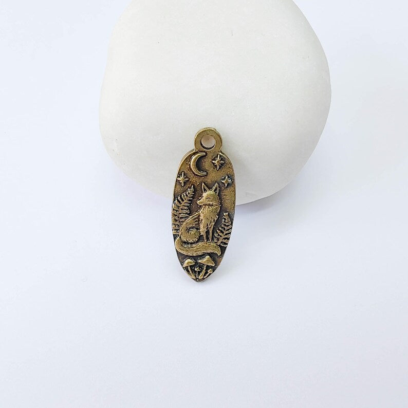 Fox Moon Charm Pendant, Double Sided Woodland Design, Antique Bronze Plated, 30x12mm, G38008