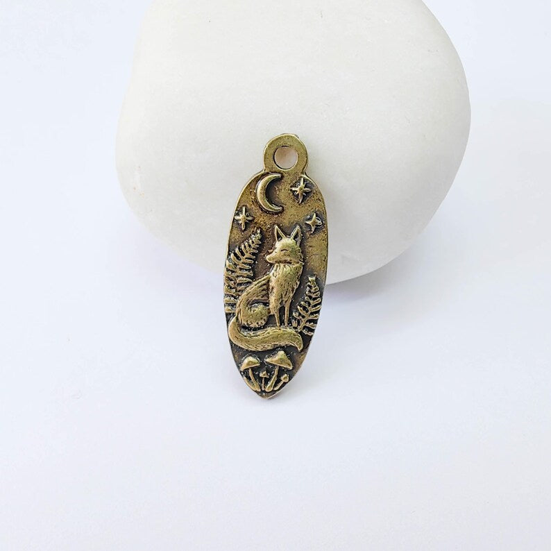 Fox Moon Charm Pendant, Double Sided Woodland Design, Antique Bronze Plated, 30x12mm, G38008
