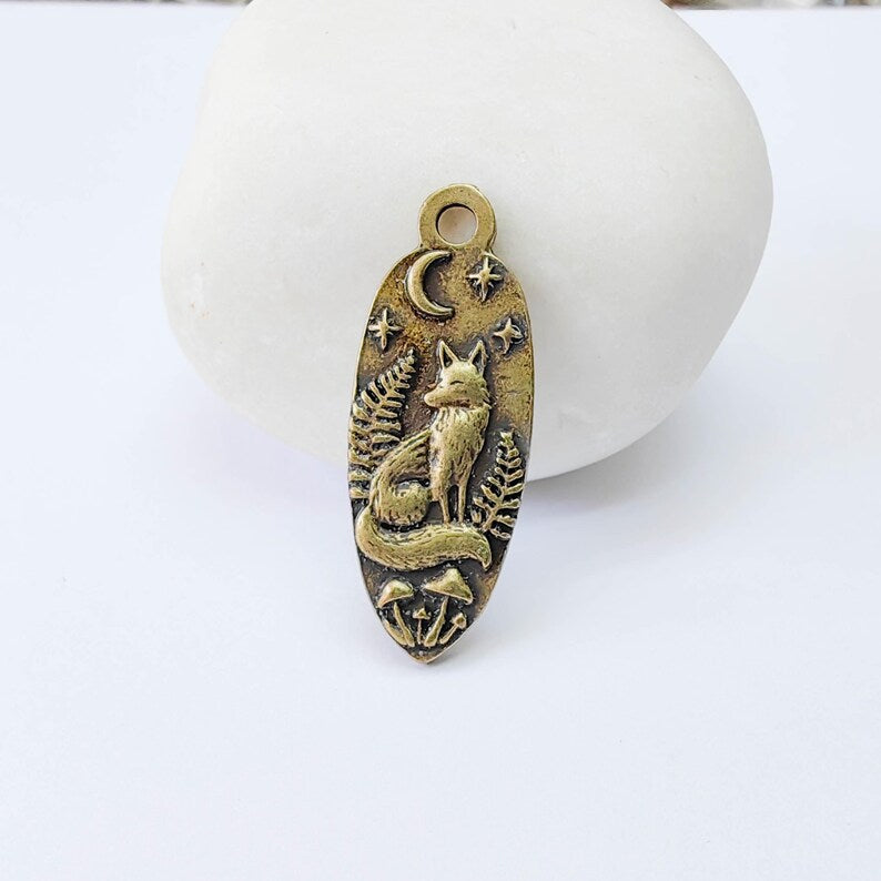 Fox Moon Charm Pendant, Double Sided Woodland Design, Antique Bronze Plated, 30x12mm, G38008