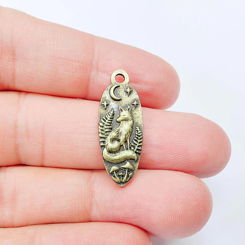 Fox Moon Charm Pendant, Double Sided Woodland Design, Antique Bronze Plated, 30x12mm, G38008
