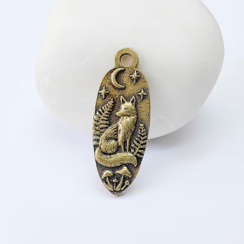 Fox Moon Charm Pendant, Double Sided Woodland Design, Antique Bronze Plated, 30x12mm, G38008