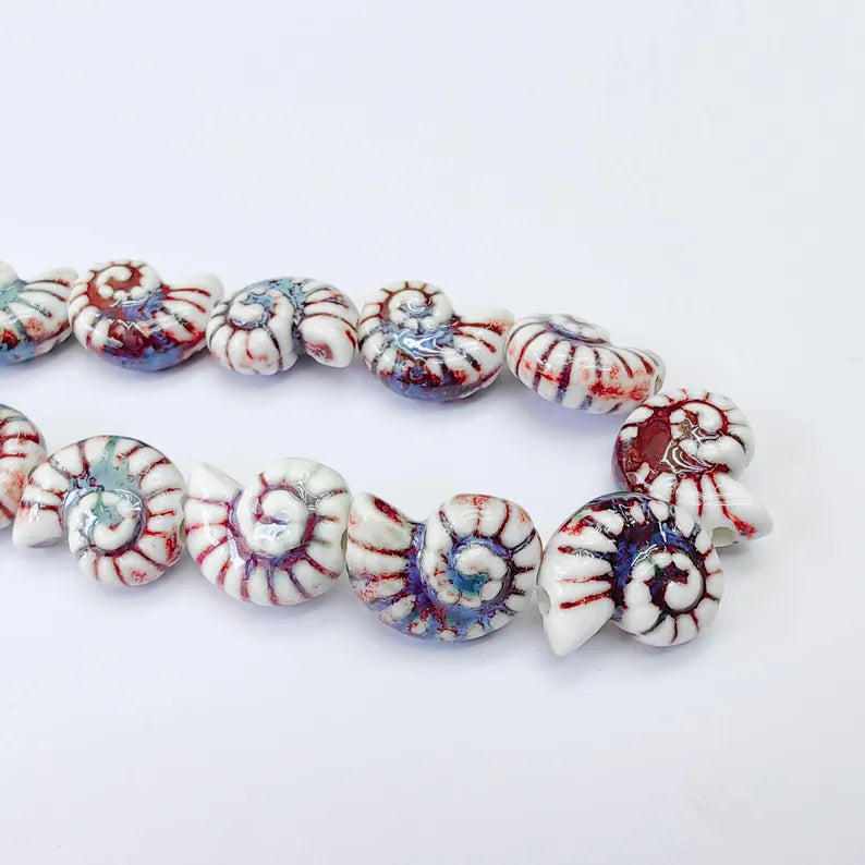 White, burgundy, blue Porcelain Nautilus Beads, Ceramic Shell Bead, Summer Sea Bead, Ocean Jewelry Supply, Beach Ammonite 20x16mm G38016