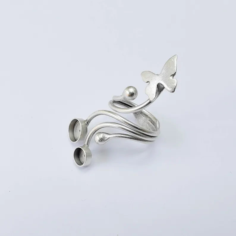 Butterfly Adjustable Ring Blank, Double 8mm Bezel Base Setting, Antique Silver Plated Brass, G38018