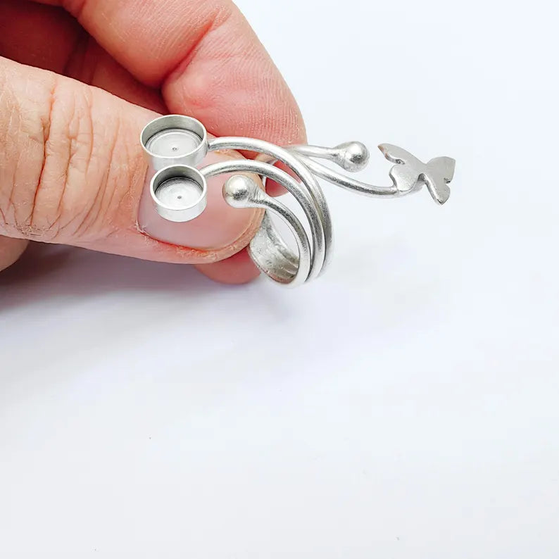 Butterfly Adjustable Ring Blank, Double 8mm Bezel Base Setting, Antique Silver Plated Brass, G38018