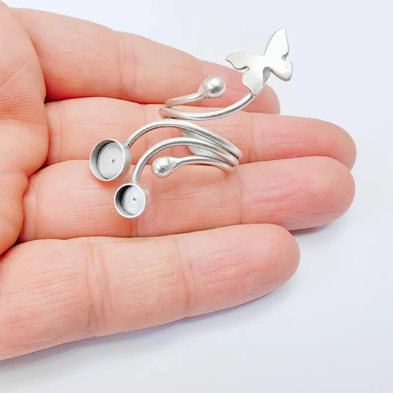 Butterfly Adjustable Ring Blank, Double 8mm Bezel Base Setting, Antique Silver Plated Brass, G38018