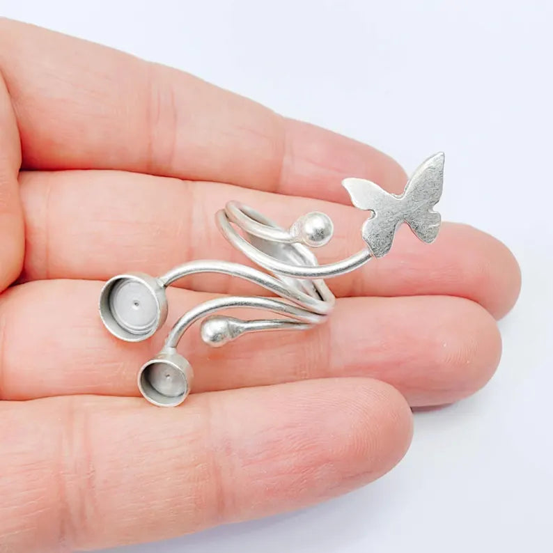 Butterfly Adjustable Ring Blank, Double 8mm Bezel Base Setting, Antique Silver Plated Brass, G38018