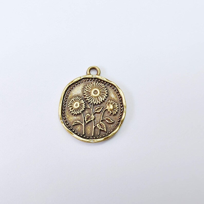 Sunflower Charm Pendant, Double Sided Botanical Floral Design, 28x24mm, Antique Bronze Plated G38020