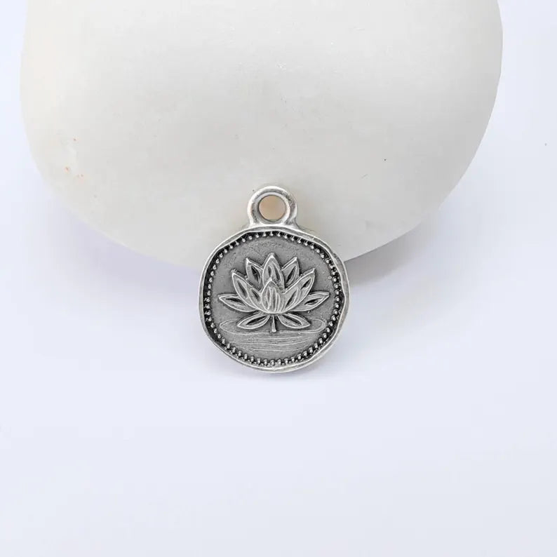 4 Pcs Lotus Round Charm Pendant, Double Sided Botanical Design, Antique Silver Plated, 16x13mm, G38022