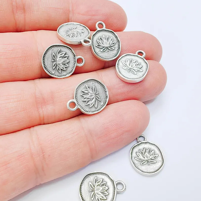 4 Pcs Lotus Round Charm Pendant, Double Sided Botanical Design, Antique Silver Plated, 16x13mm, G38022