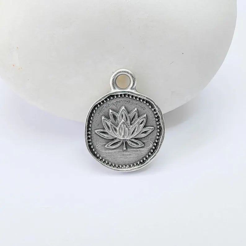 4 Pcs Lotus Round Charm Pendant, Double Sided Botanical Design, Antique Silver Plated, 16x13mm, G38022